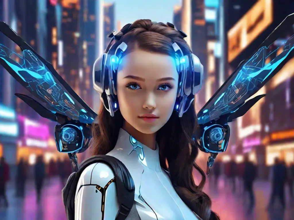 create a image on latest trends of technology including a young, gorgeous, extremely beautiful girl with certain AI features in image. add some ai bots in background pretending to be in future world in background in year 2099. add some sort of led screens behind and few flying vehicles in ai city.